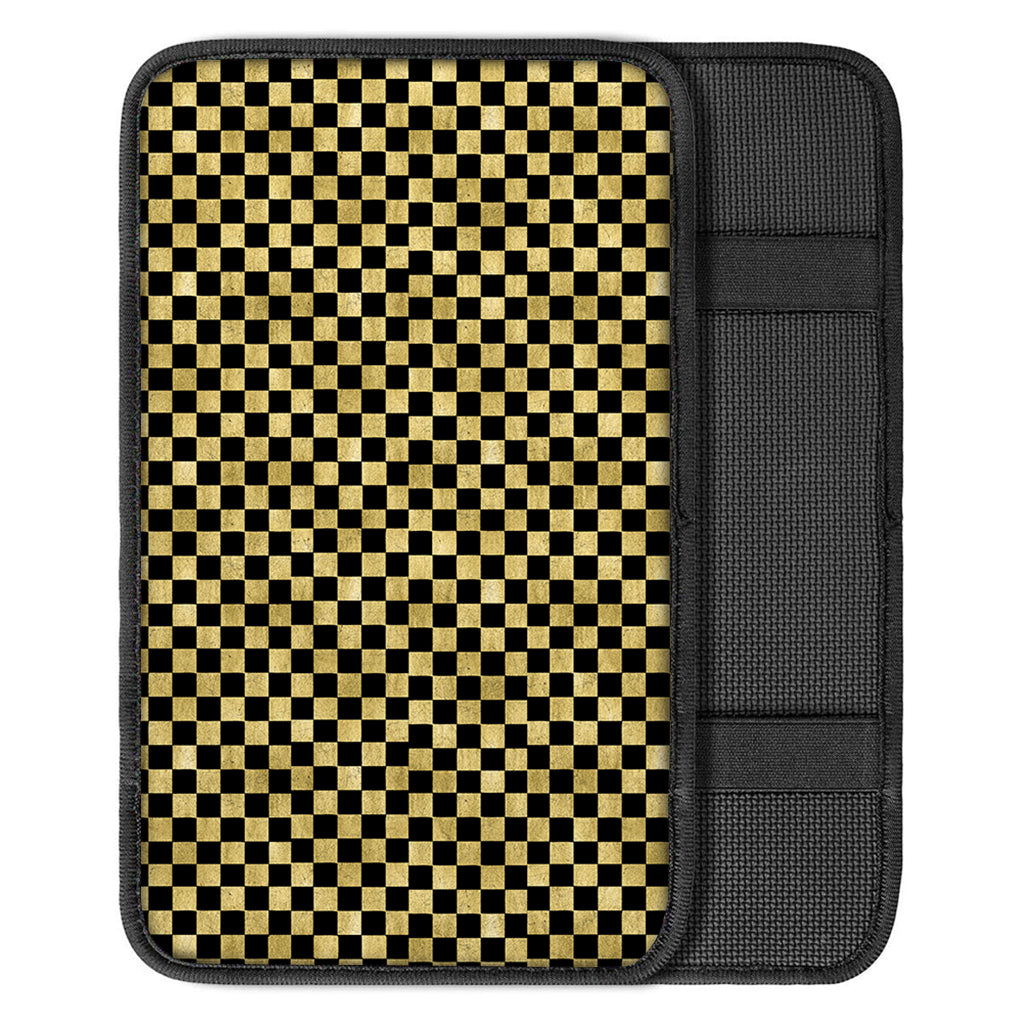 Gold And Black Checkered Pattern Print Car Center Console Cover