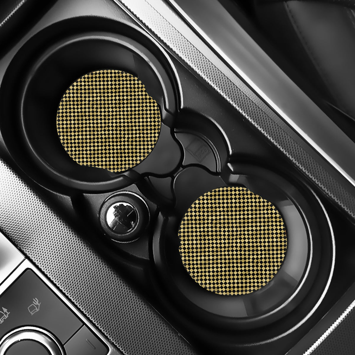 Gold And Black Checkered Pattern Print Car Coasters