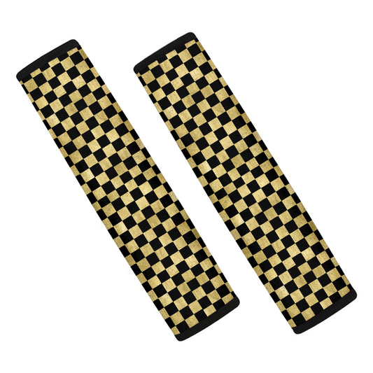 Gold And Black Checkered Pattern Print Car Seat Belt Covers