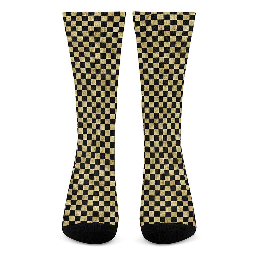 Gold And Black Checkered Pattern Print Crew Socks