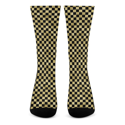 Gold And Black Checkered Pattern Print Crew Socks