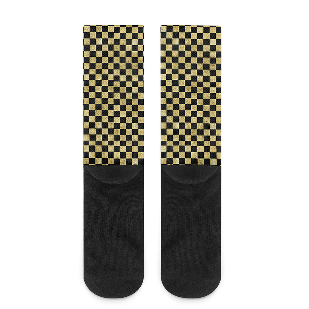 Gold And Black Checkered Pattern Print Crew Socks