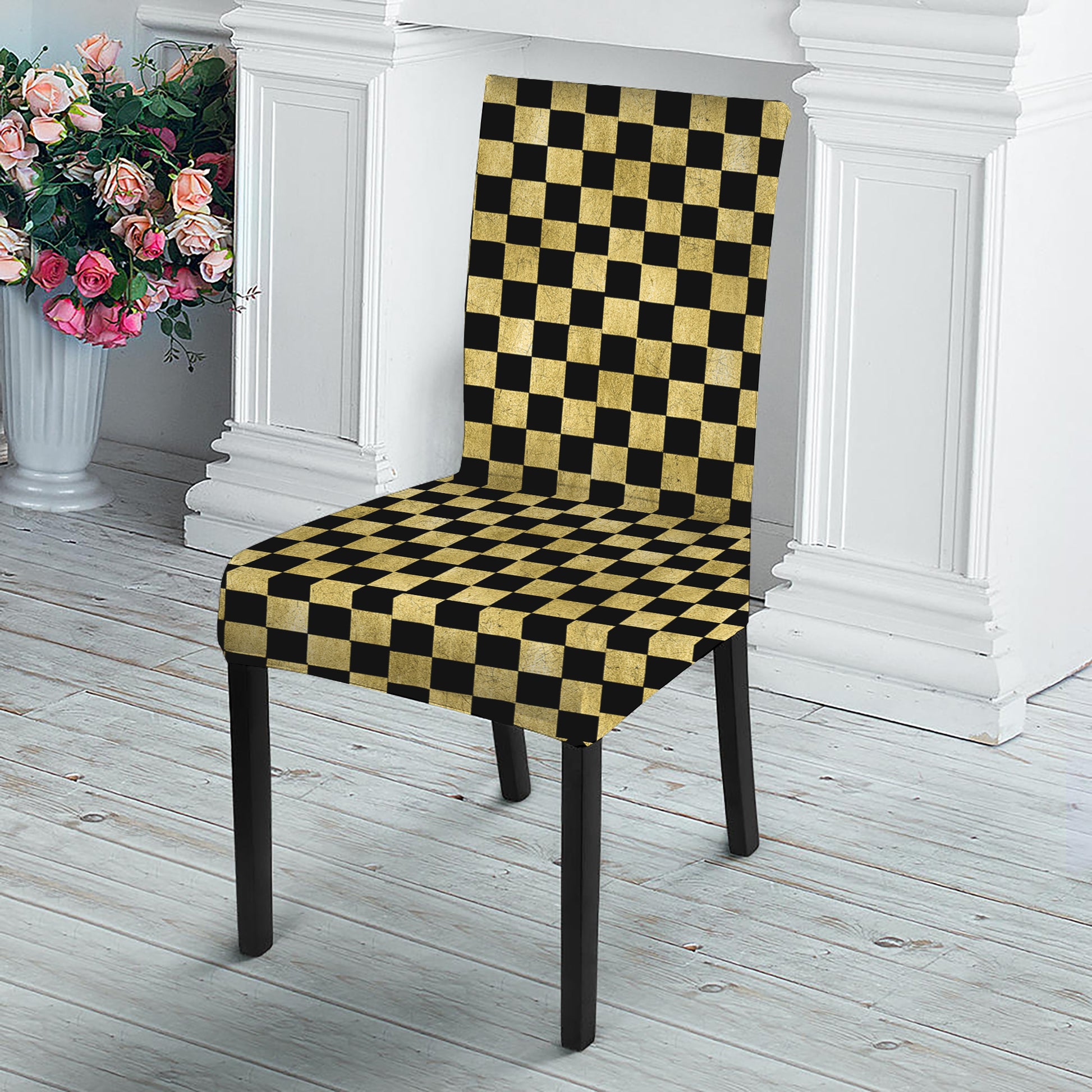 Gold And Black Checkered Pattern Print Dining Chair Slipcover