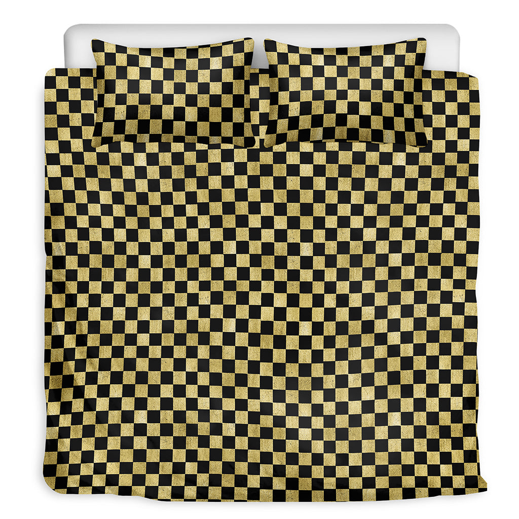 Gold And Black Checkered Pattern Print Duvet Cover Bedding Set