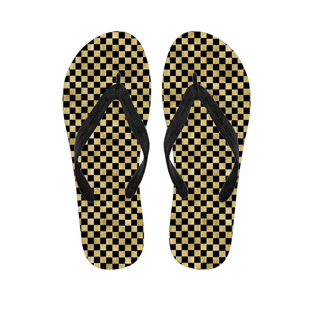 Gold And Black Checkered Pattern Print Flip Flops