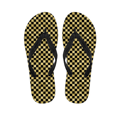 Gold And Black Checkered Pattern Print Flip Flops