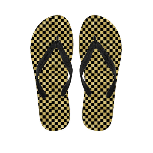 Gold And Black Checkered Pattern Print Flip Flops