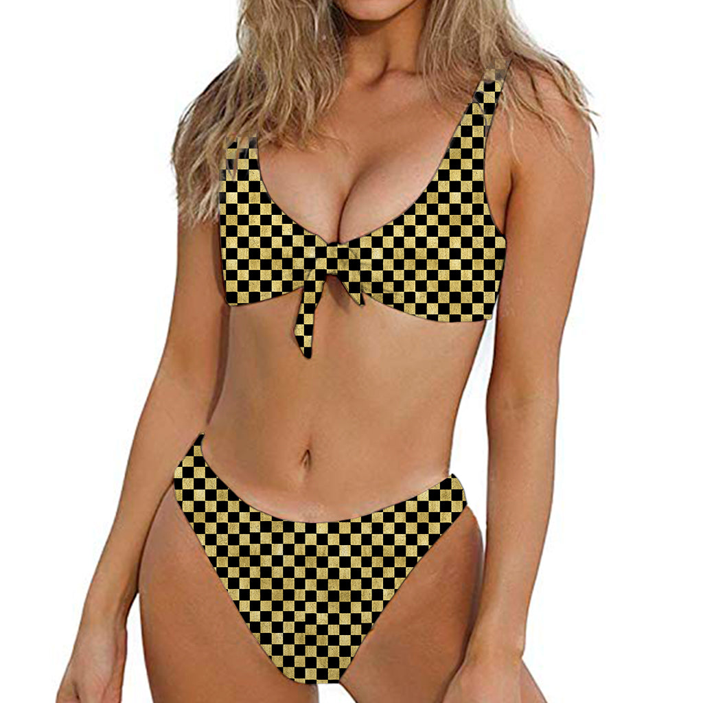 Gold And Black Checkered Pattern Print Front Bow Tie Bikini