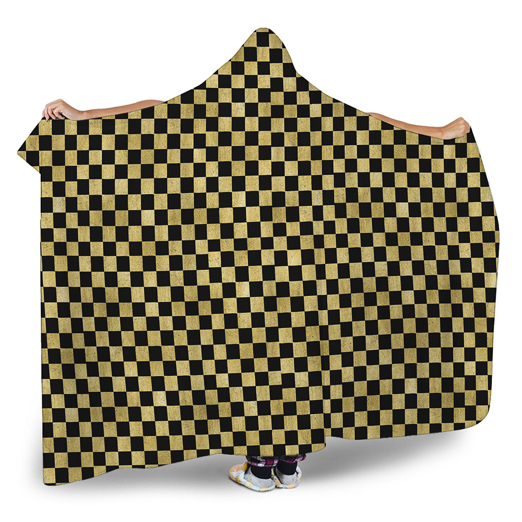 Gold And Black Checkered Pattern Print Hooded Blanket