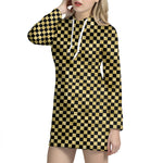 Gold And Black Checkered Pattern Print Hoodie Dress