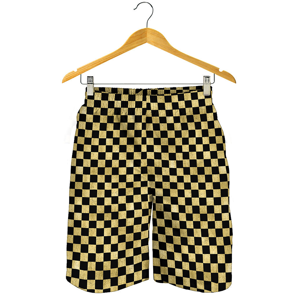 Gold And Black Checkered Pattern Print Men's Shorts