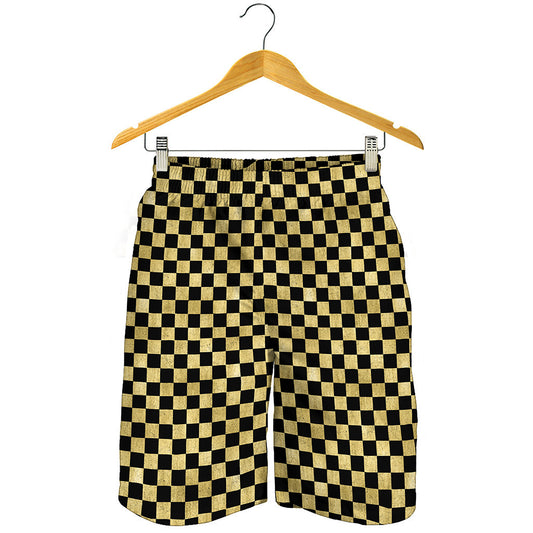 Gold And Black Checkered Pattern Print Men's Shorts