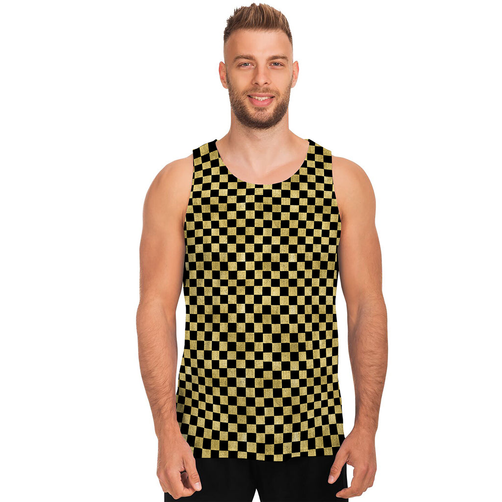 Gold And Black Checkered Pattern Print Men's Tank Top