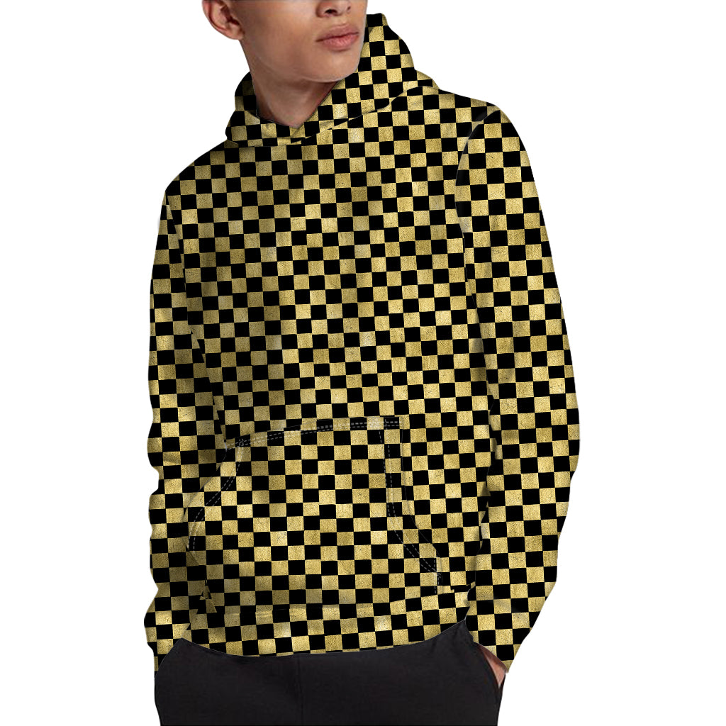 Gold And Black Checkered Pattern Print Pullover Hoodie