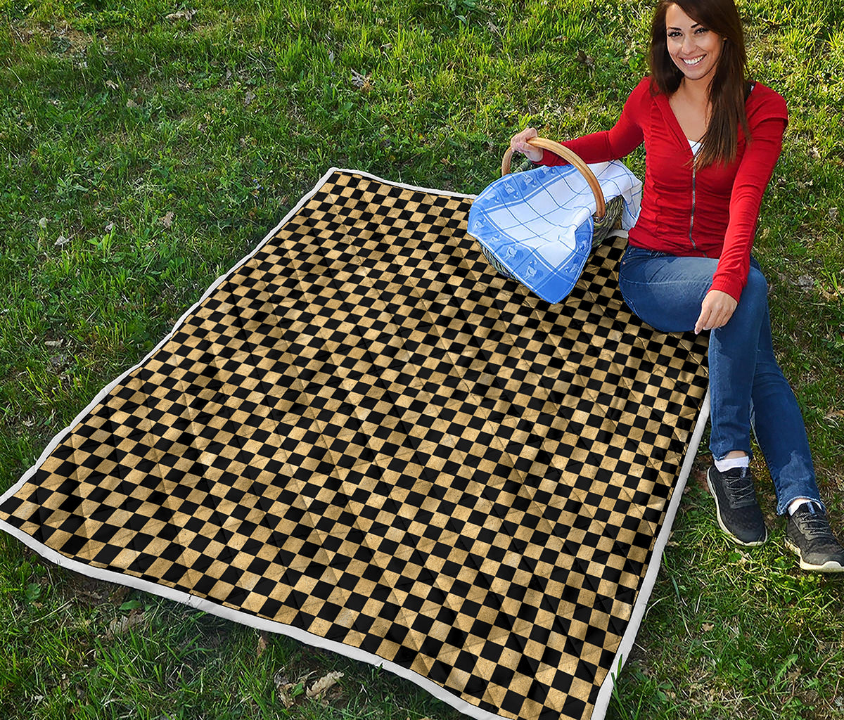 Gold And Black Checkered Pattern Print Quilt
