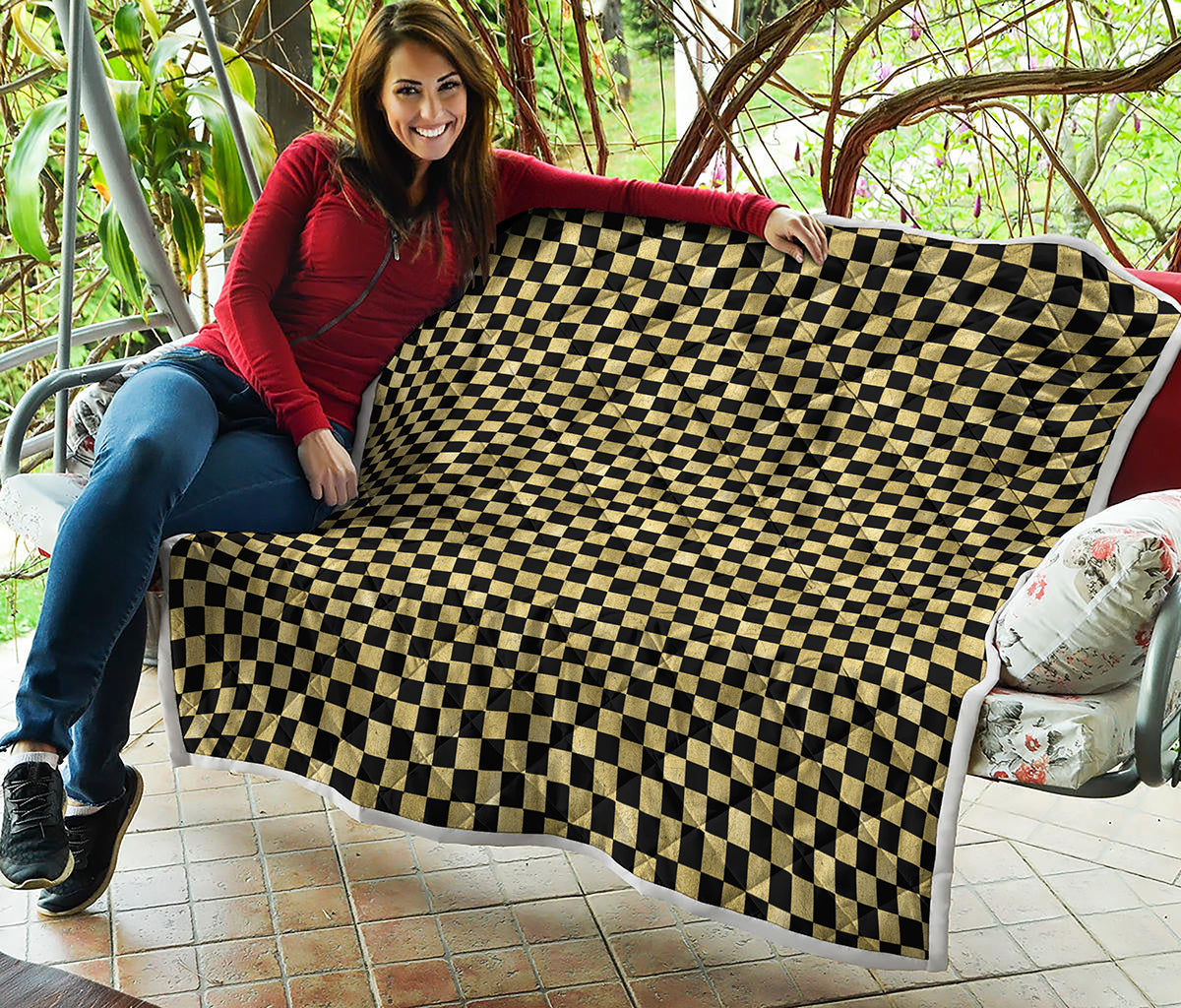 Gold And Black Checkered Pattern Print Quilt