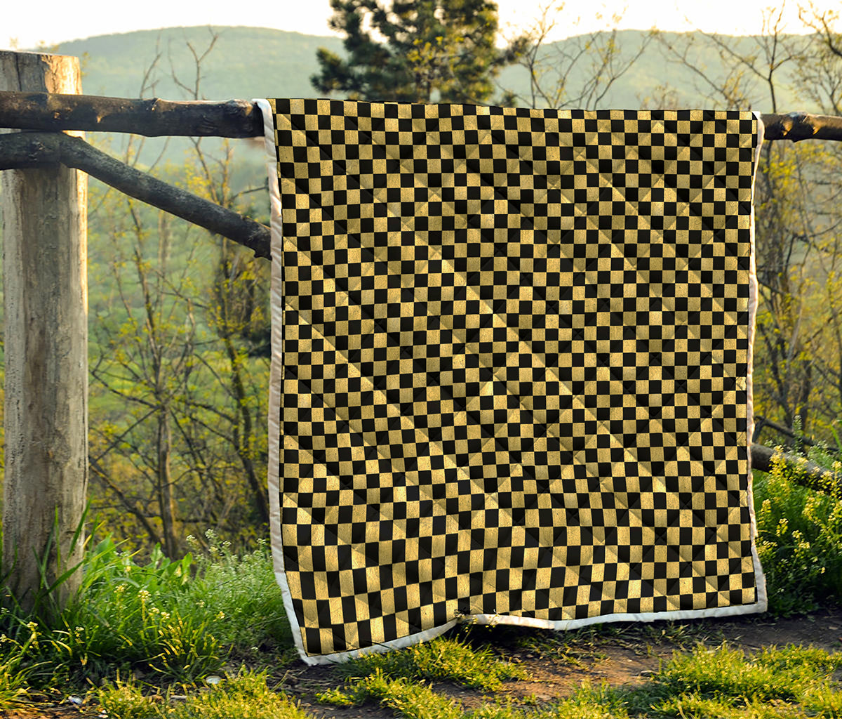 Gold And Black Checkered Pattern Print Quilt