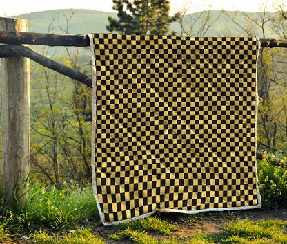 Gold And Black Checkered Pattern Print Quilt