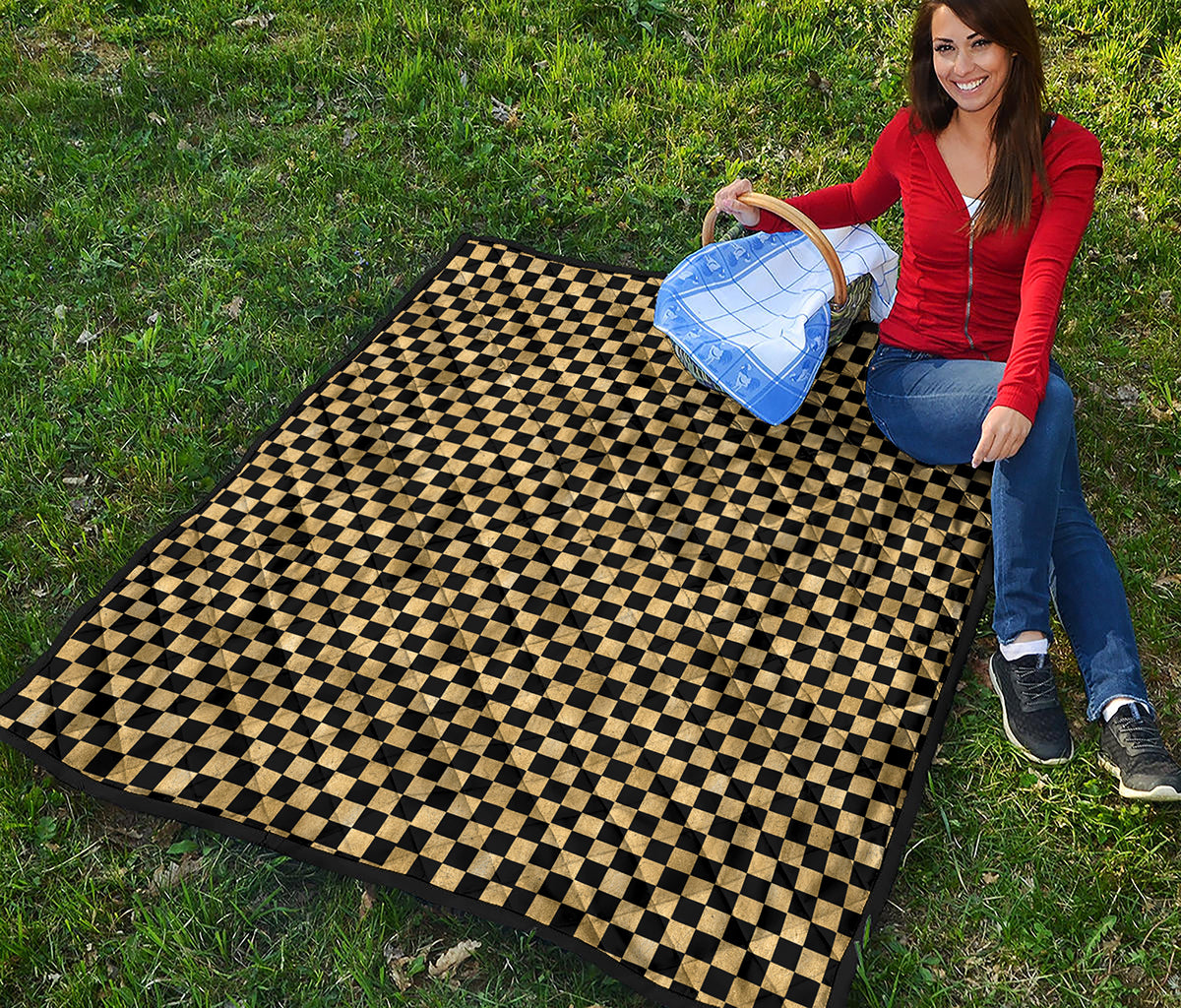 Gold And Black Checkered Pattern Print Quilt