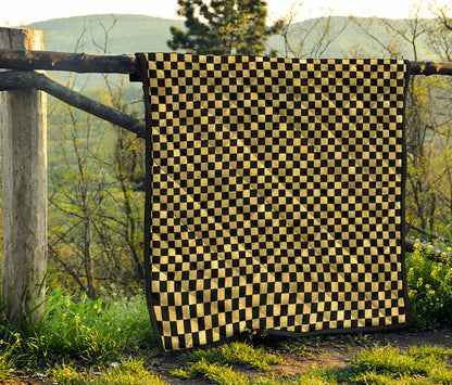 Gold And Black Checkered Pattern Print Quilt