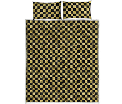 Gold And Black Checkered Pattern Print Quilt Bed Set