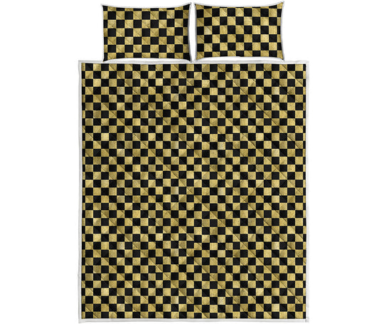 Gold And Black Checkered Pattern Print Quilt Bed Set