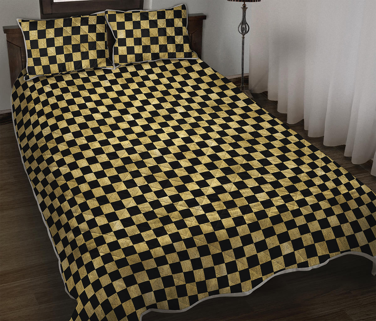 Gold And Black Checkered Pattern Print Quilt Bed Set