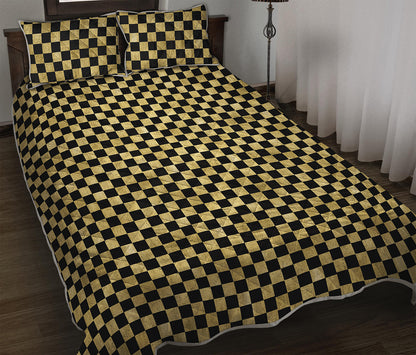 Gold And Black Checkered Pattern Print Quilt Bed Set