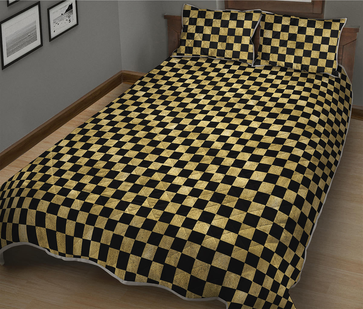 Gold And Black Checkered Pattern Print Quilt Bed Set