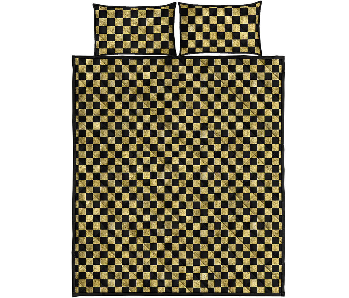 Gold And Black Checkered Pattern Print Quilt Bed Set