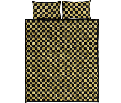 Gold And Black Checkered Pattern Print Quilt Bed Set