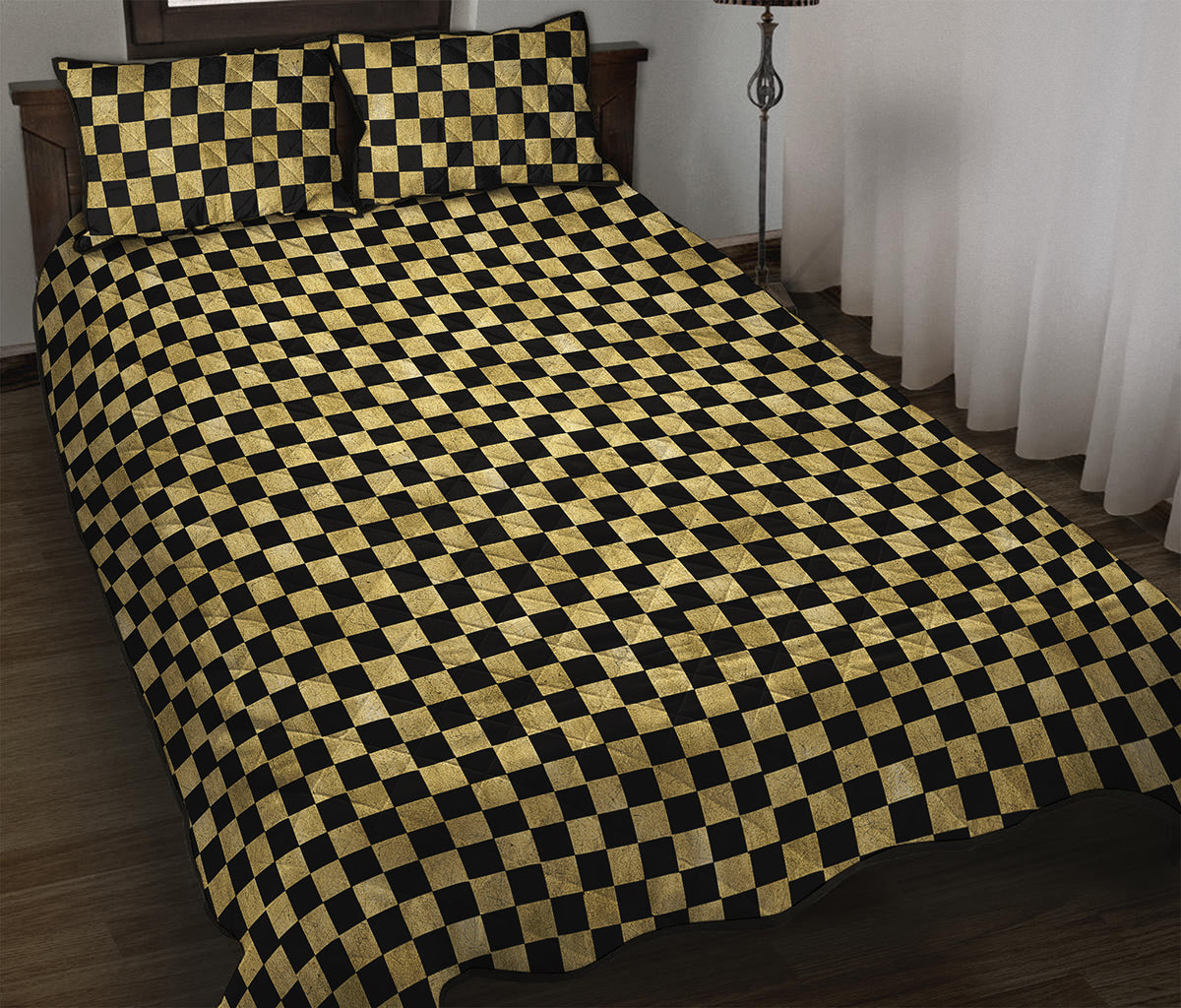 Gold And Black Checkered Pattern Print Quilt Bed Set