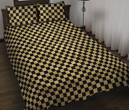 Gold And Black Checkered Pattern Print Quilt Bed Set