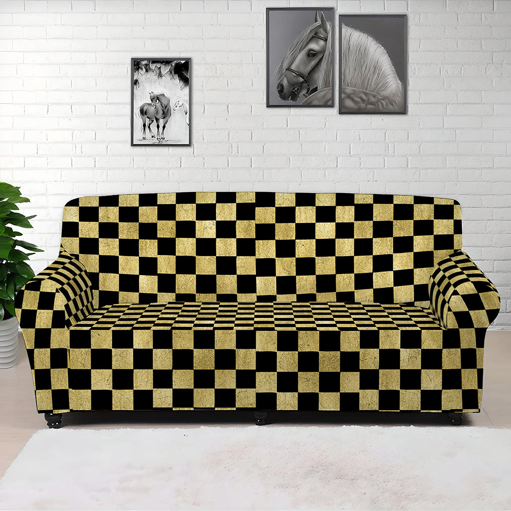 Gold And Black Checkered Pattern Print Sofa Cover