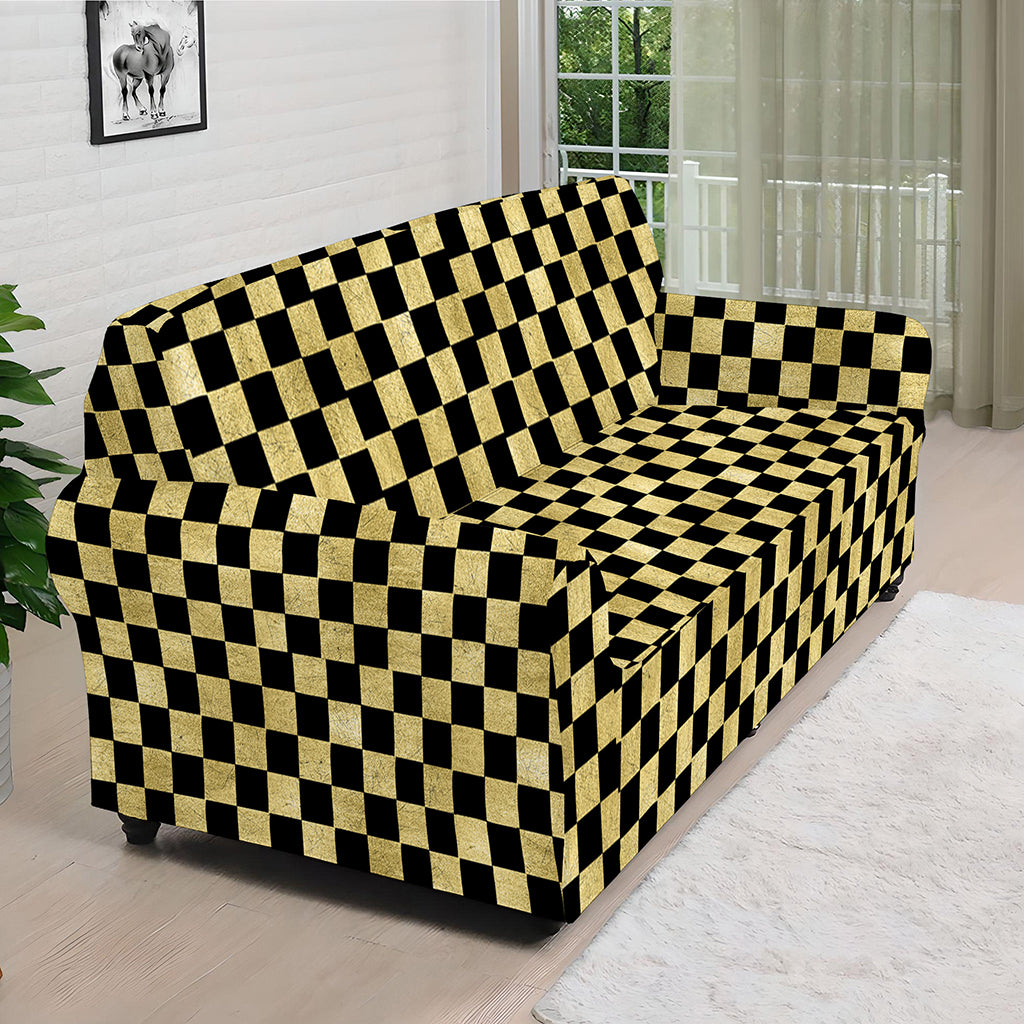 Gold And Black Checkered Pattern Print Sofa Cover