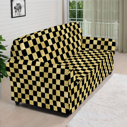 Gold And Black Checkered Pattern Print Sofa Cover