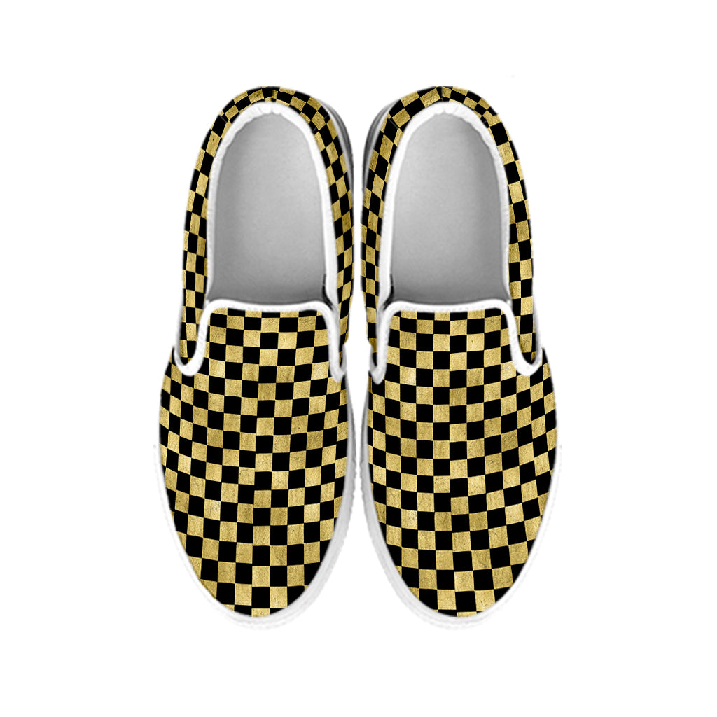 Gold And Black Checkered Pattern Print White Slip On Shoes