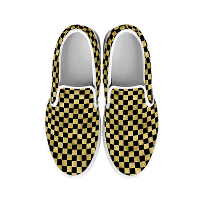 Gold And Black Checkered Pattern Print White Slip On Shoes