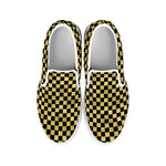 Gold And Black Checkered Pattern Print White Slip On Shoes