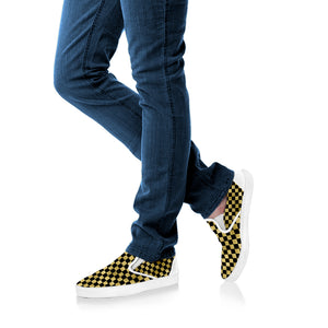 Gold And Black Checkered Pattern Print White Slip On Shoes
