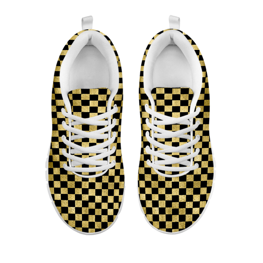 Gold And Black Checkered Pattern Print White Sneakers