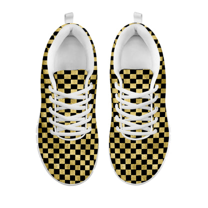 Gold And Black Checkered Pattern Print White Sneakers