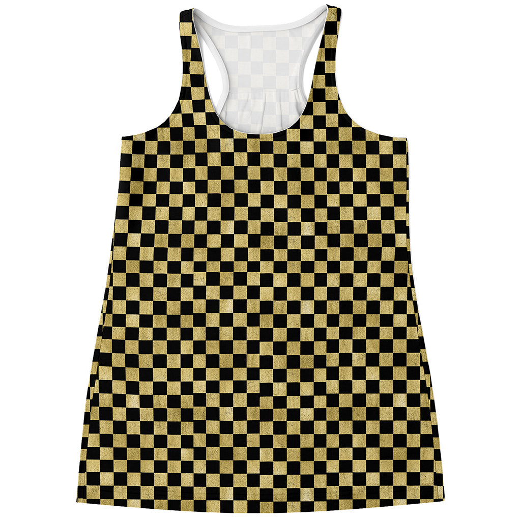 Gold And Black Checkered Pattern Print Women's Racerback Tank Top