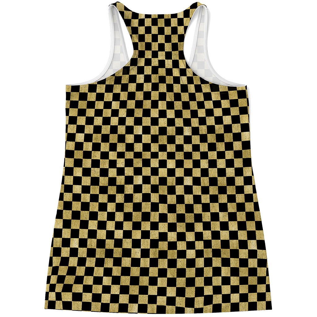 Gold And Black Checkered Pattern Print Women's Racerback Tank Top