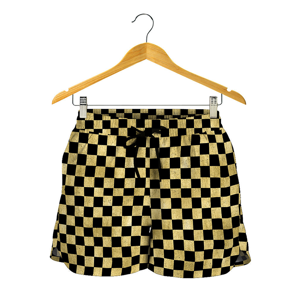 Gold And Black Checkered Pattern Print Women's Shorts