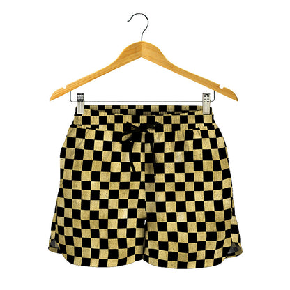 Gold And Black Checkered Pattern Print Women's Shorts