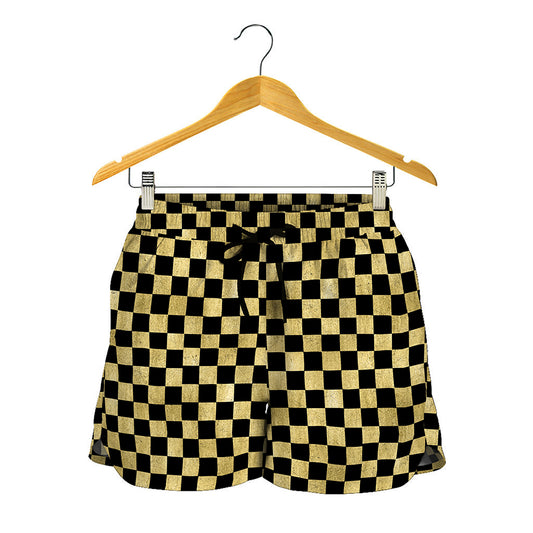 Gold And Black Checkered Pattern Print Women's Shorts