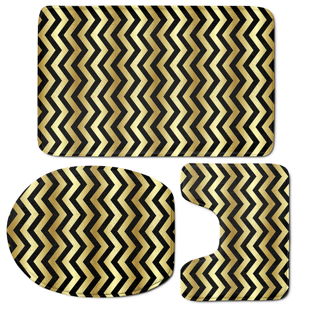 Gold And Black Chevron Pattern Print 3 Piece Bath Mat Set