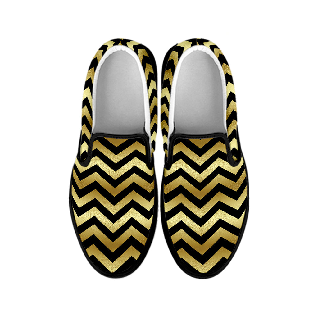 Gold And Black Chevron Pattern Print Black Slip On Shoes