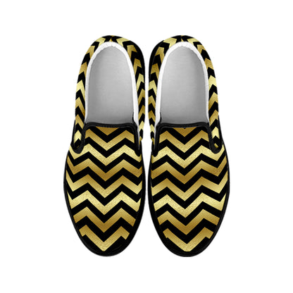 Gold And Black Chevron Pattern Print Black Slip On Shoes